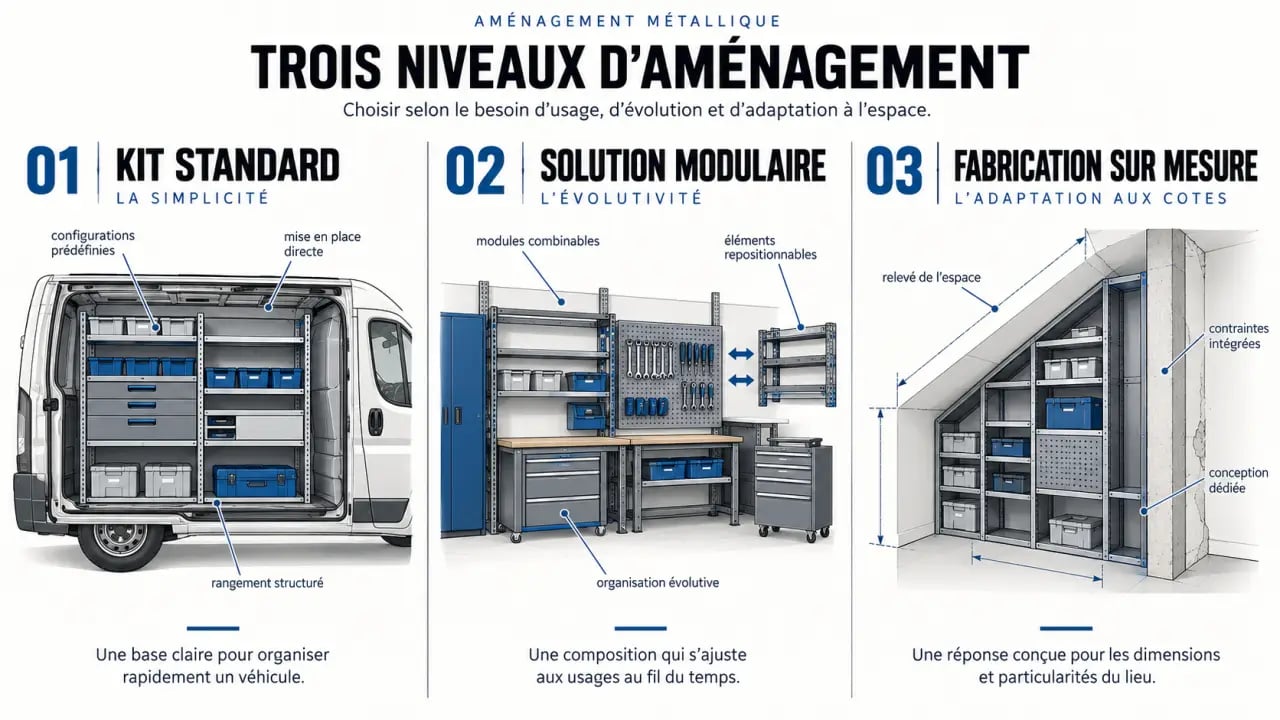 Aménagement métallique : comparaison entre kit standard, solution modulaire et fabrication sur mesure