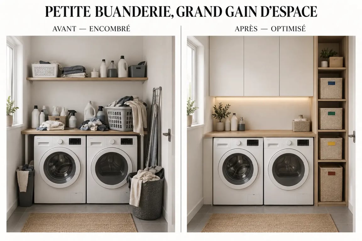 Meuble rangement buanderie avant après dans une petite pièce optimisée
