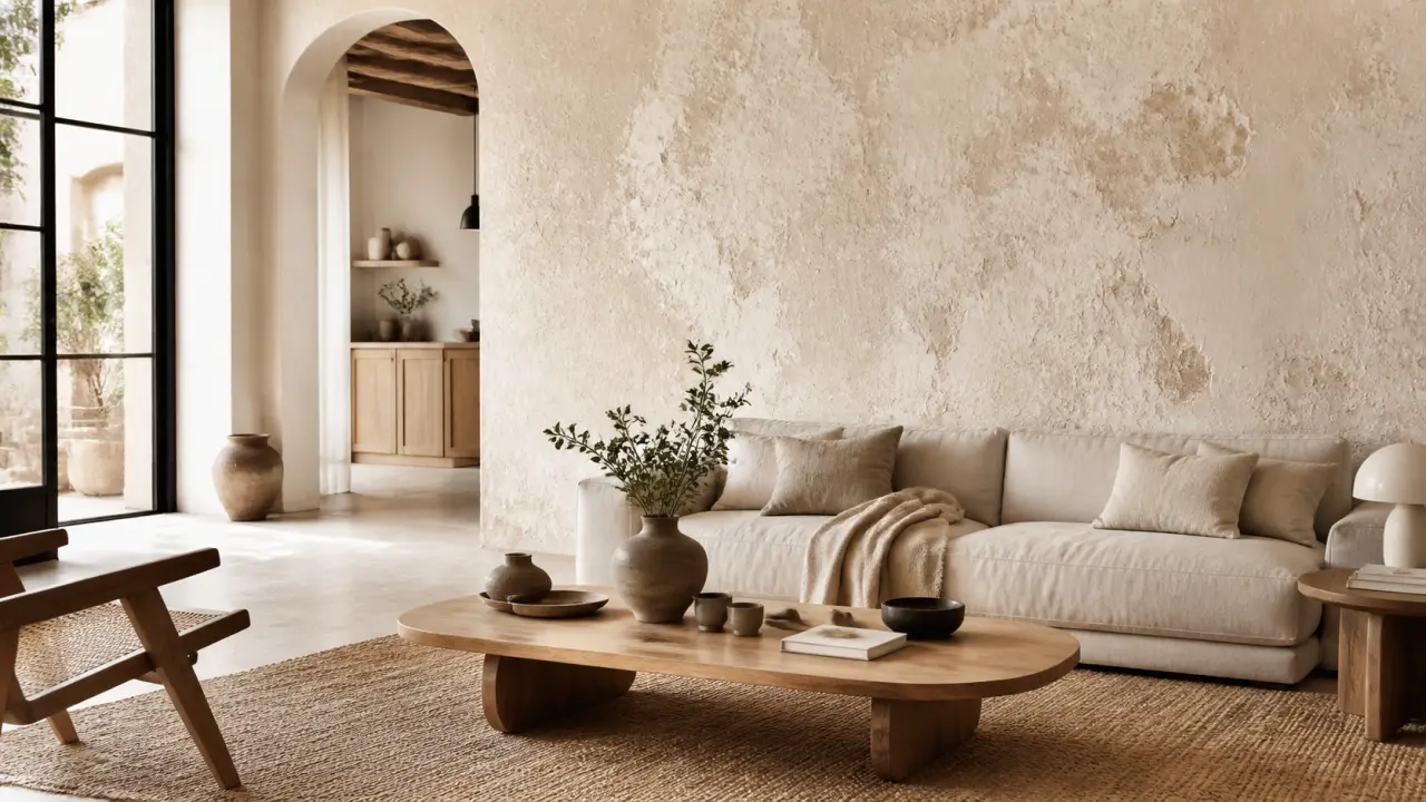Salon lumineux avec mur en enduit brut, matières naturelles et ambiance wabi-sabi sophistiquée