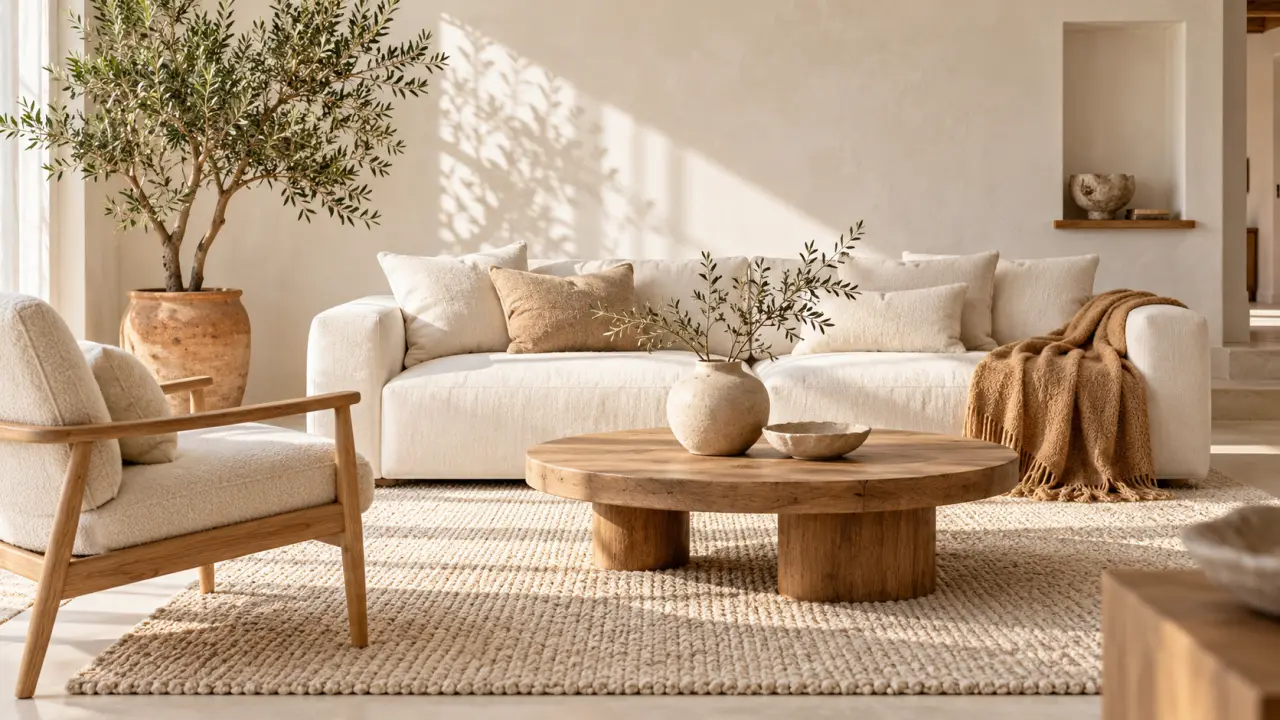 Salon blanc lumineux réchauffé par du lin beige, du bois et des objets artisanaux
