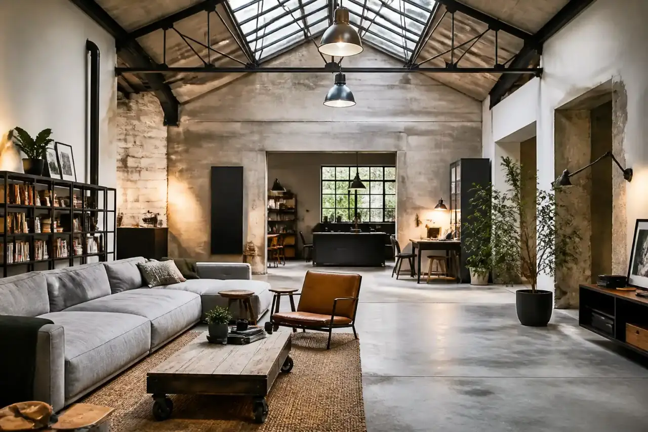 Atelier brut rénové avec murs patinés, verrière ancienne et mobilier en matières naturelles
