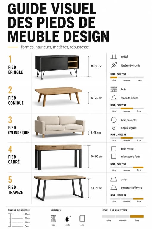 Comparatif des pieds meuble design selon la forme, la hauteur et l’usage