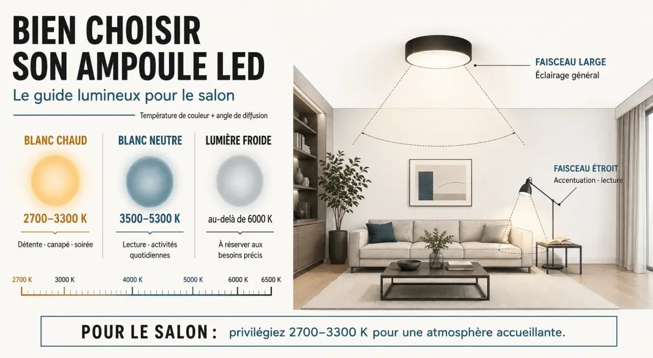 Infographie du guide pour choisir la bonne ampoule LED pour son salon selon la température de couleur et l’angle de diffusion
