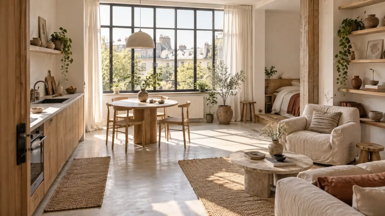 Atelier de 32 m² rénové, baigné de lumière naturelle avec des matières brutes et du mobilier sobre