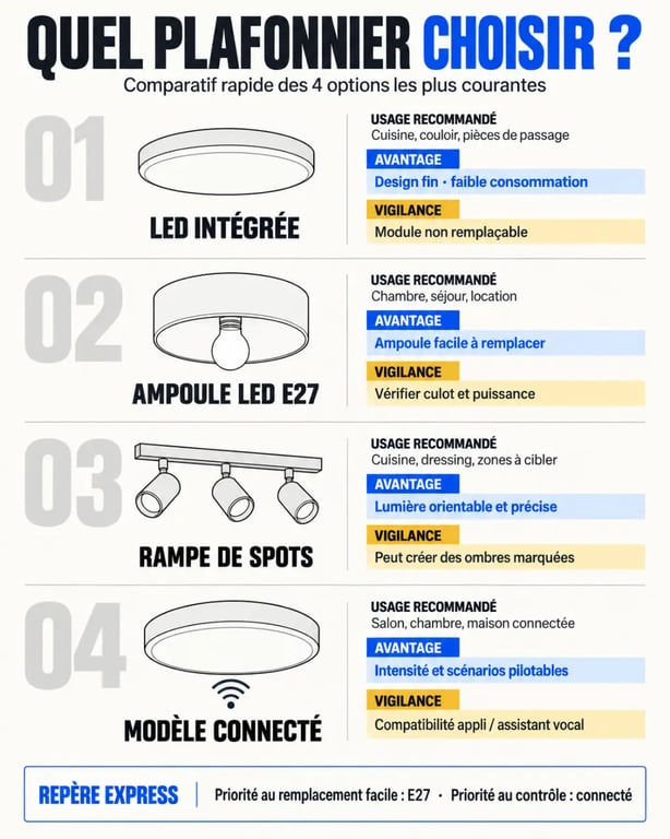 Comparaison des types de luminaire plafonnier LED intégrée, E27, spots et connecté