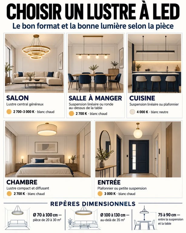 Lustre à LED : repères de choix par pièce, dimensions et température de couleur