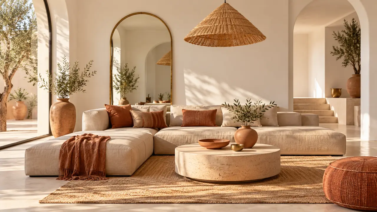 Déco marocaine contemporaine dans un salon avec miroir en laiton, suspension en raphia et vase en terre cuite