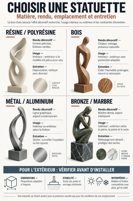 Infographie sur le choix d’une statuette decoration selon la matière, les dimensions et l’usage