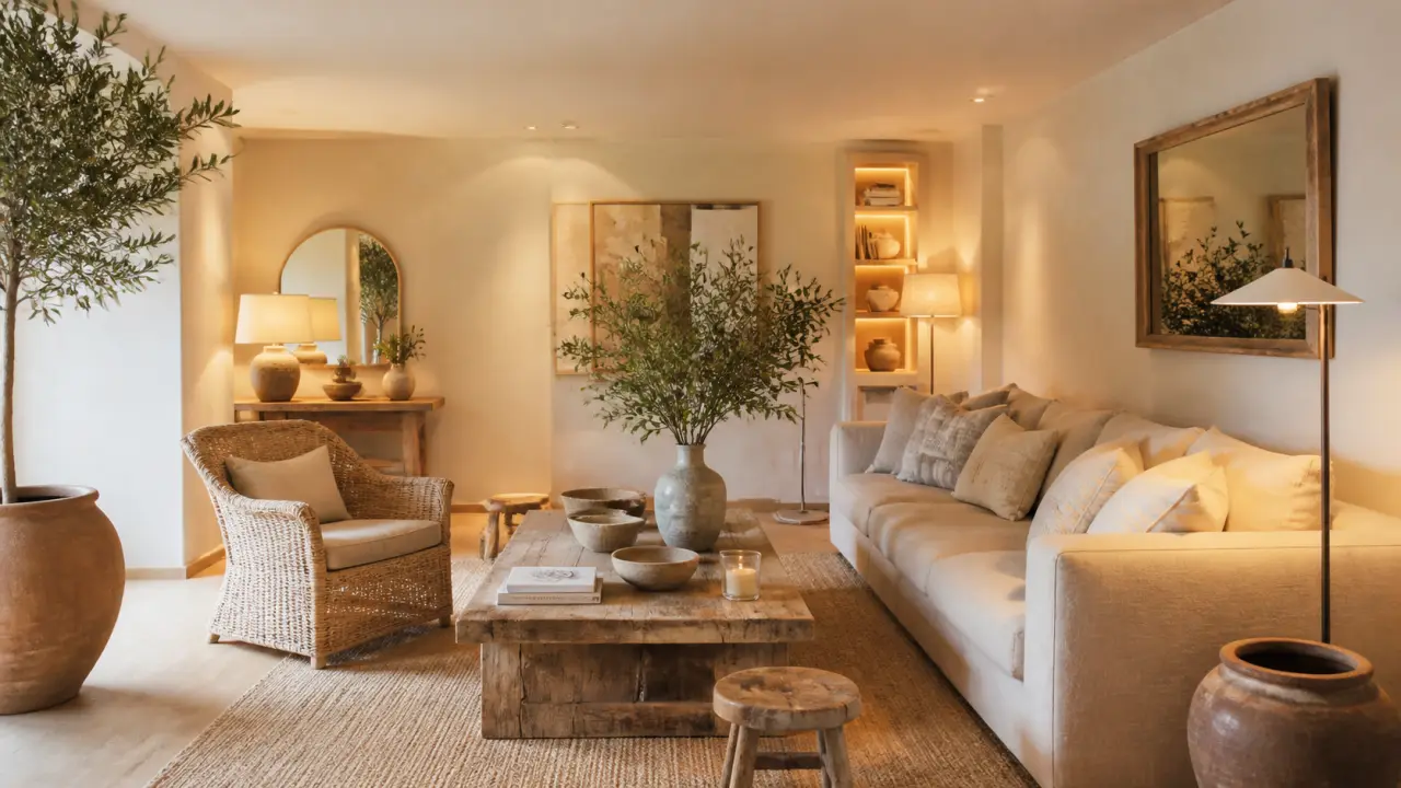 Salon lumineux et minimaliste aux matières naturelles, avec lumière douce et ambiance wabi-sabi