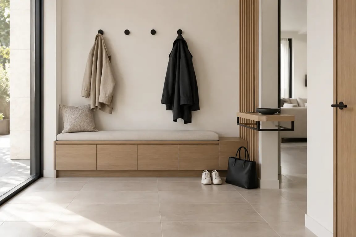Meuble d'entrée design avec banc-coffre, rangement fermé et patères
