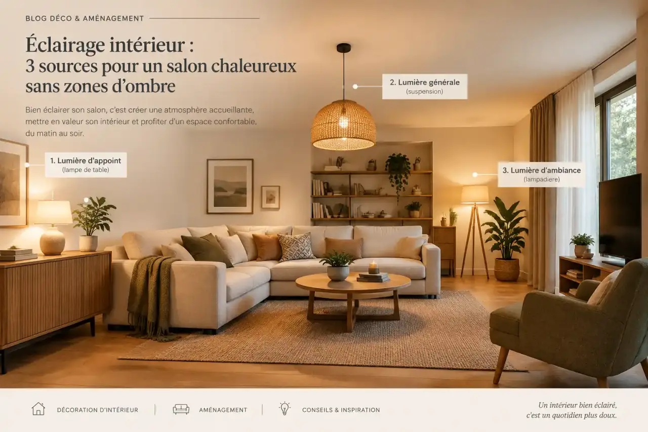 Éclairage intérieur : 3 sources pour un salon chaleureux sans zones d’ombre