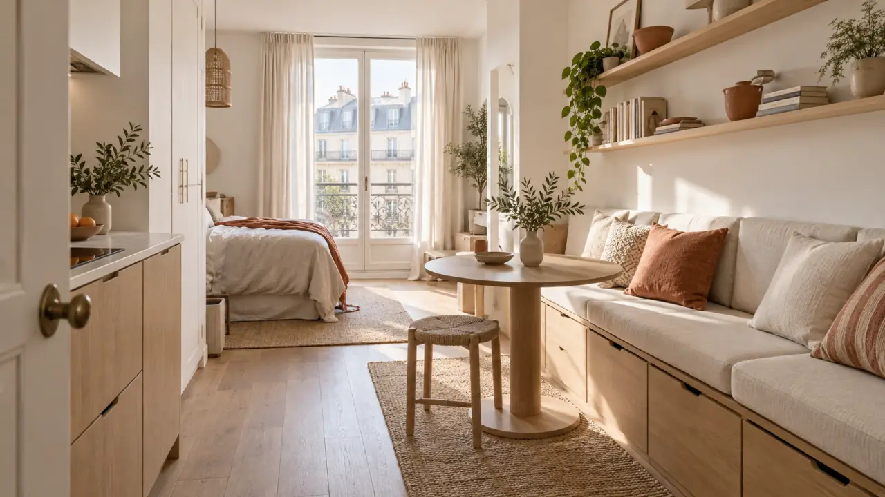 Studio de 18 m² aménagé avec une banquette en lin, des rangements intégrés et des matières naturelles