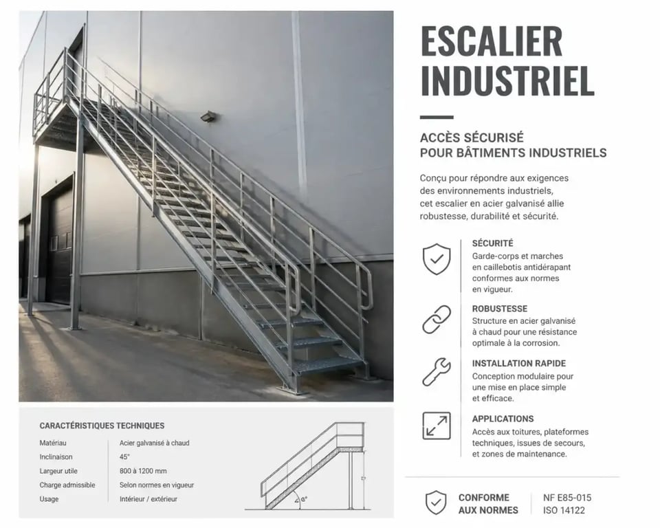 Escalier industriel en acier galvanisé avec marches caillebotis installé contre un entrepôt