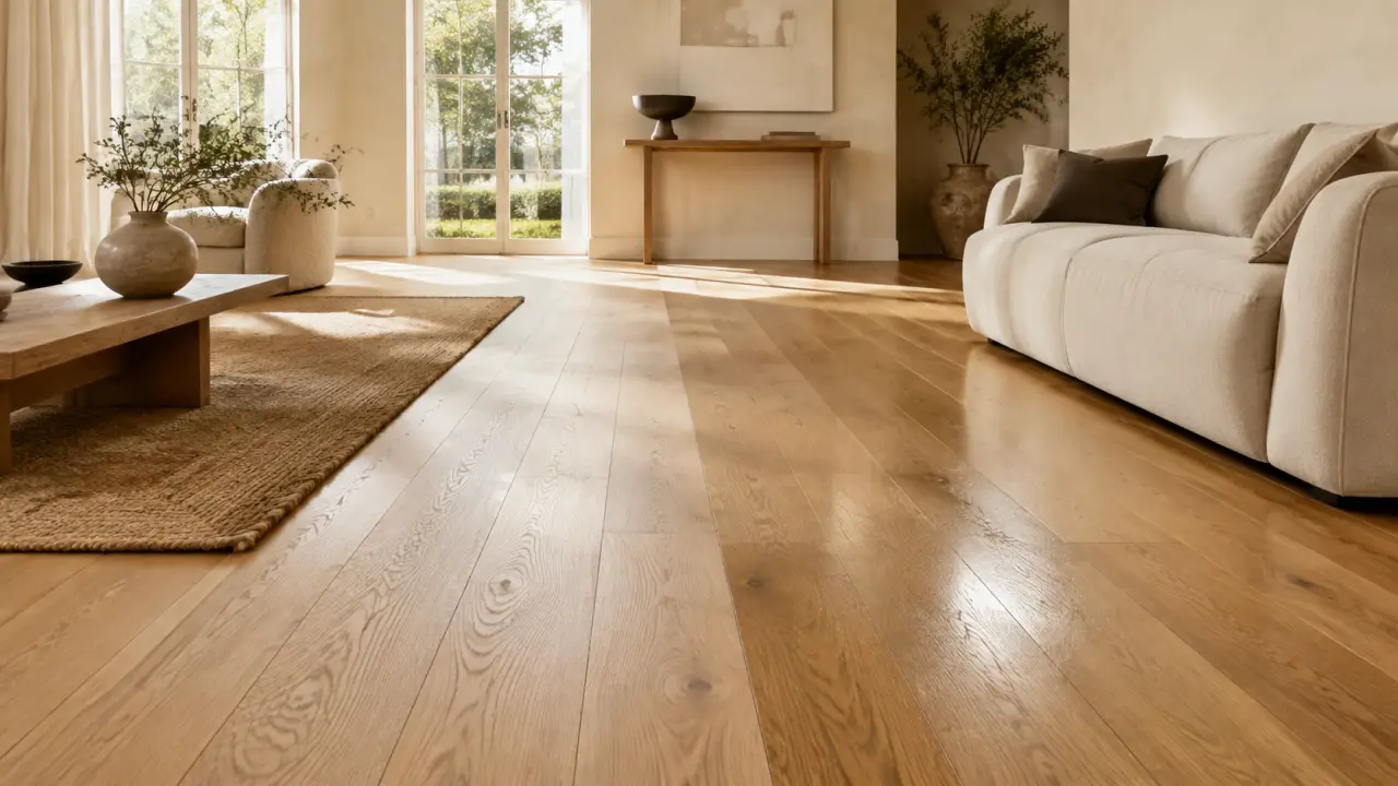 Salon lumineux avec parquet en bois naturel et mobilier aux lignes douces
