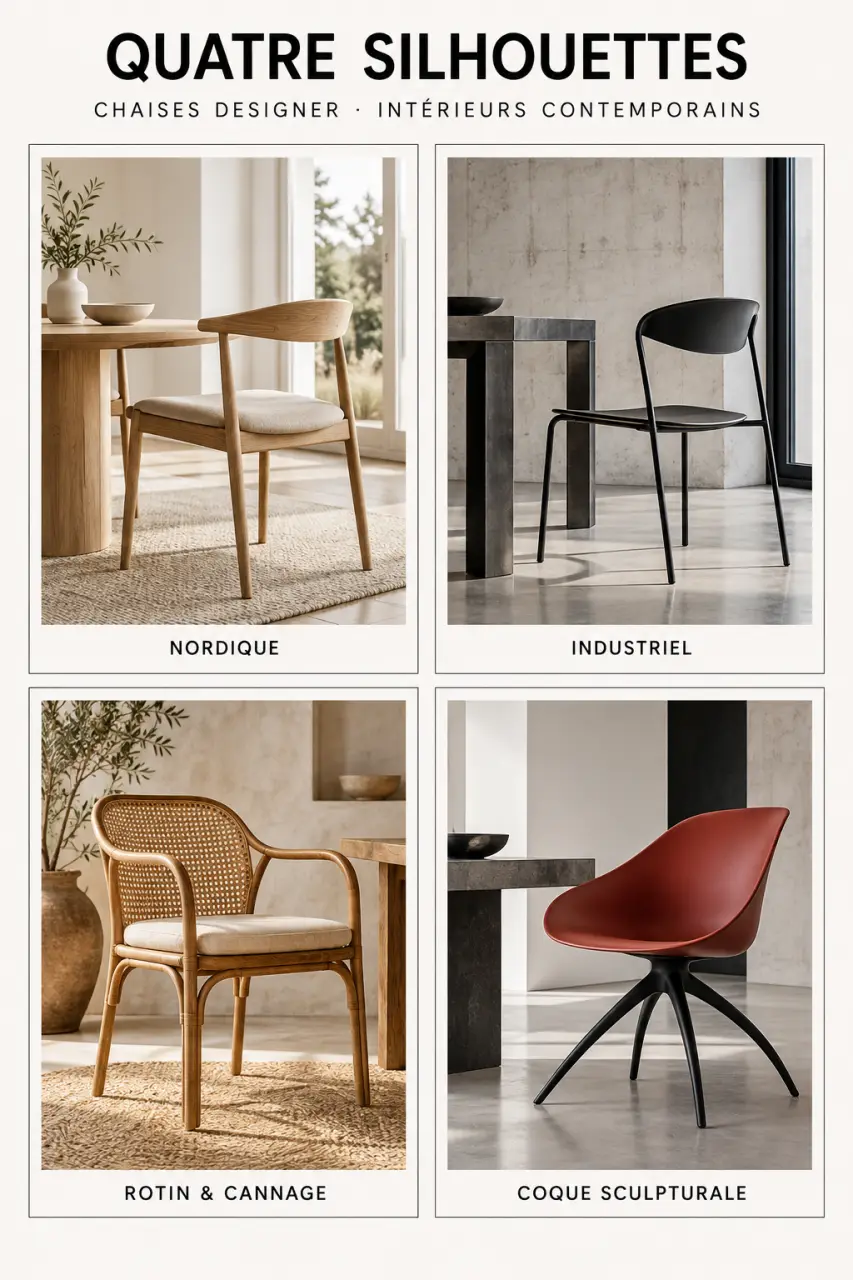 Chaise designer dans quatre styles d'intérieur : scandinave, industriel, vintage et contemporain
