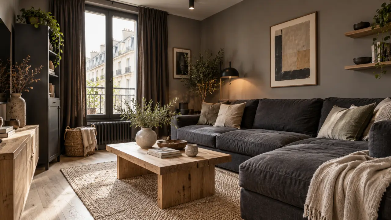 Petit salon élégant et lumineux aux matières naturelles