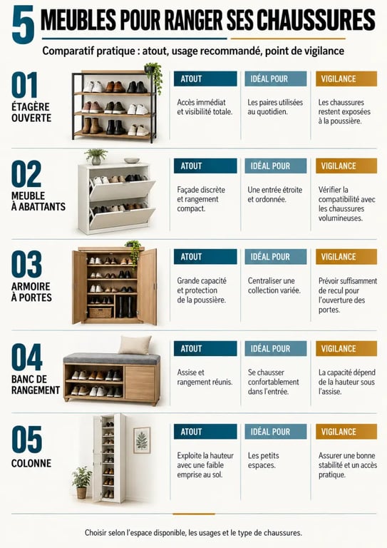 Infographie comparative des différents types de rangement chaussures meuble
