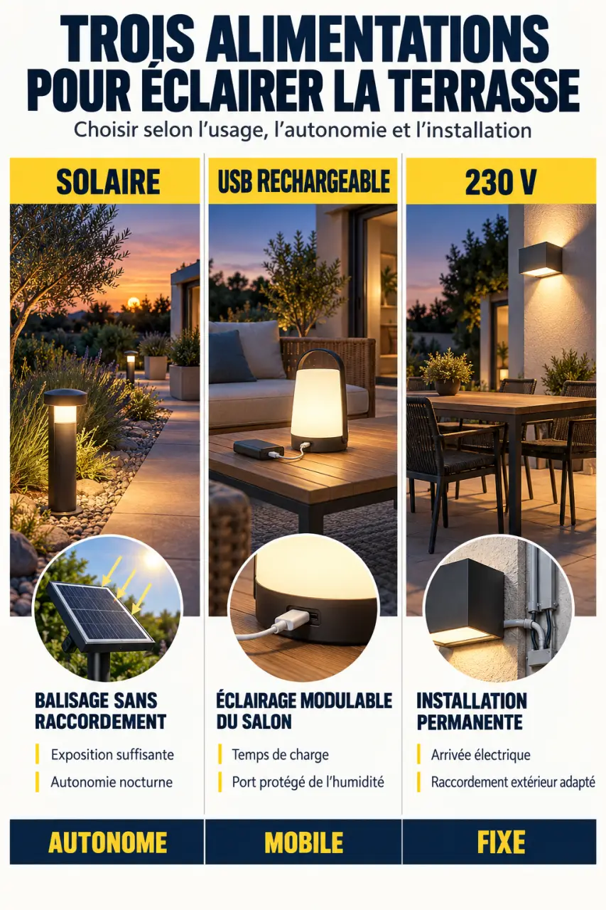 Infographie sur les alimentations d’un luminaire de terrasse extérieure : solaire, USB rechargeable et 230 V