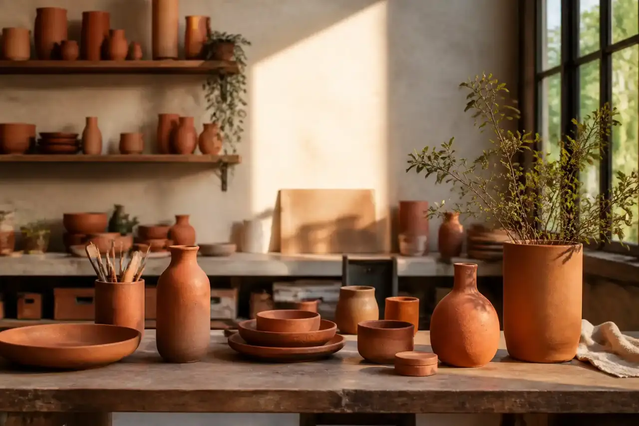 Atelier lumineux réchauffé par des matières naturelles, avec terre cuite, lin beige et lumière douce