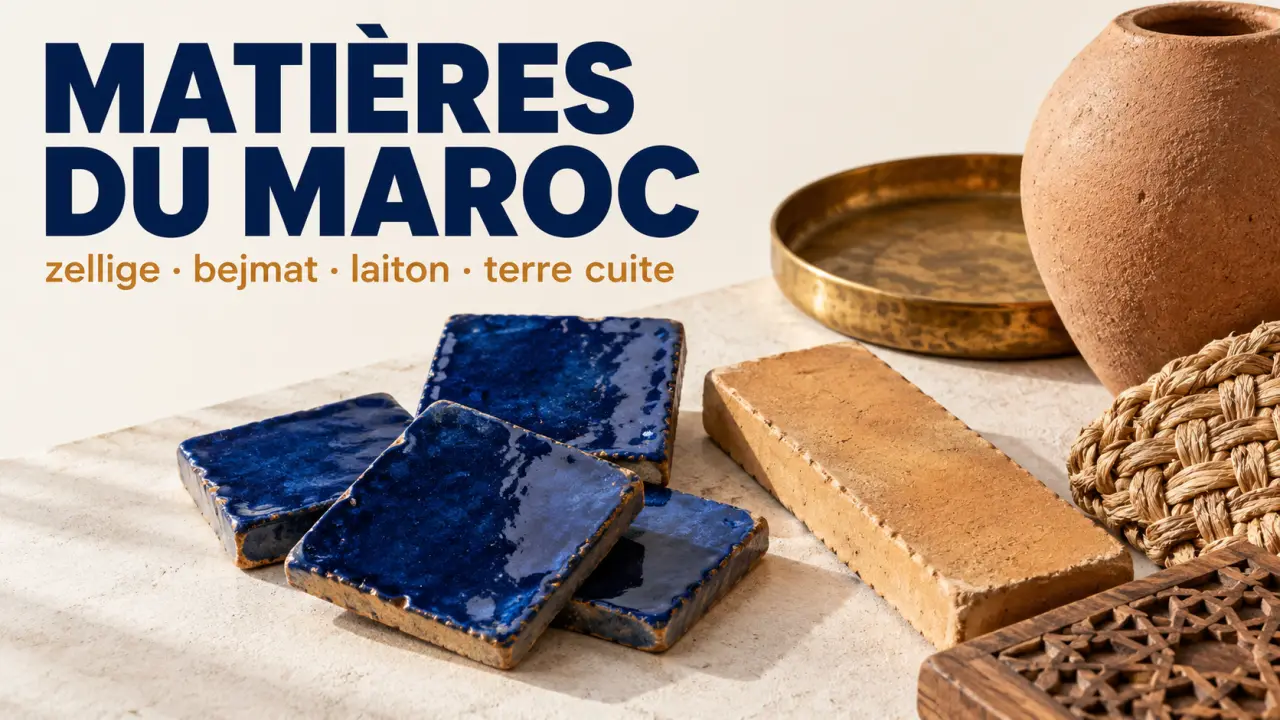 Matières de déco marocaine avec zellige, bejmat, laiton, terre cuite, raphia et bois sculpté