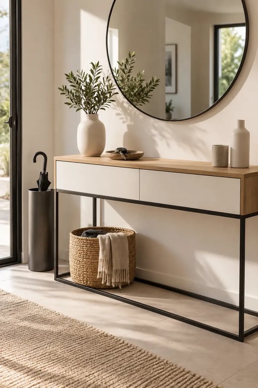 Meuble d'entrée design avec console, miroir et rangements pour accessoires