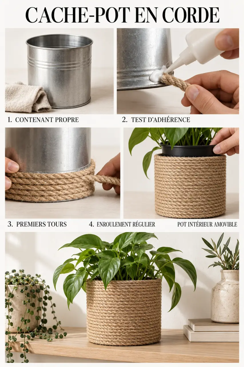 Déco fait maison facile : cache-pot en corde réalisé avec un contenant récupéré