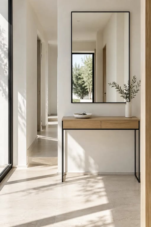 Console meuble design avec tiroirs dans une entrée étroite et miroir mural