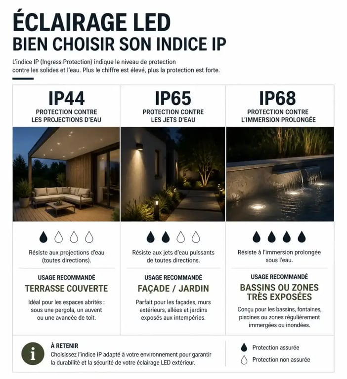 Infographie éclairage par led : comparaison IP44, IP65 et IP68 selon les usages extérieurs
