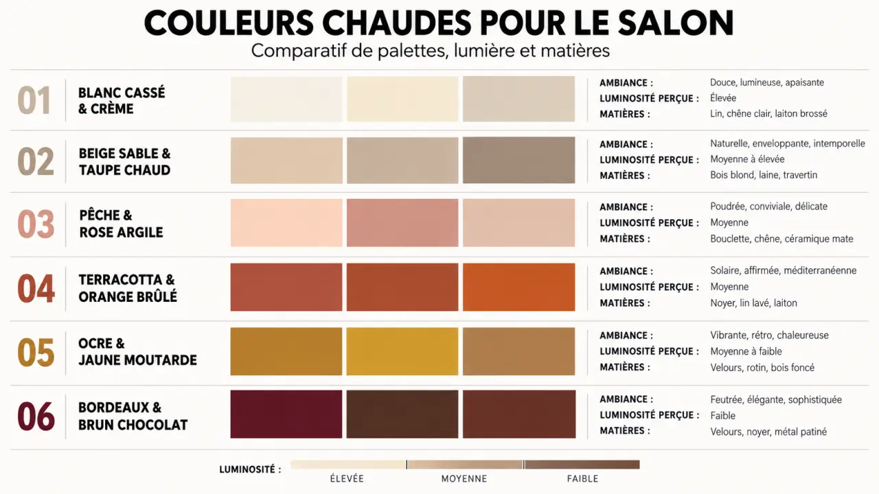 Infographie comparative des couleurs chaudes pour salon, de l’ivoire au bordeaux, avec ambiances et associations de matières