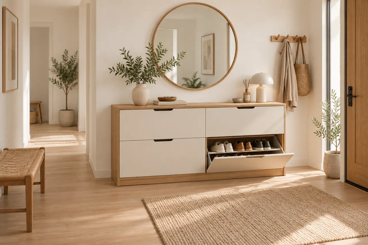 Un meuble à chaussures bien dimensionné pour une entrée nette et fonctionnelle
