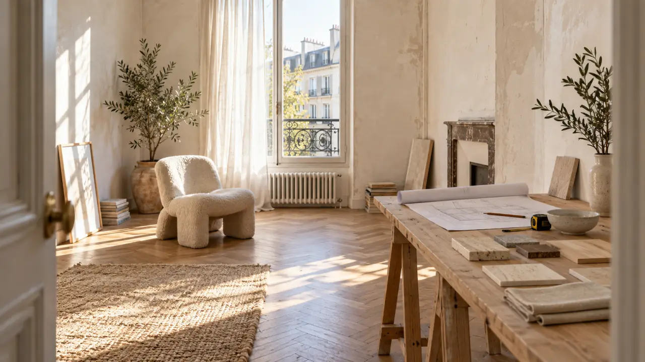Studio lumineux aux matières naturelles, canapé en lin beige et rangements intégrés