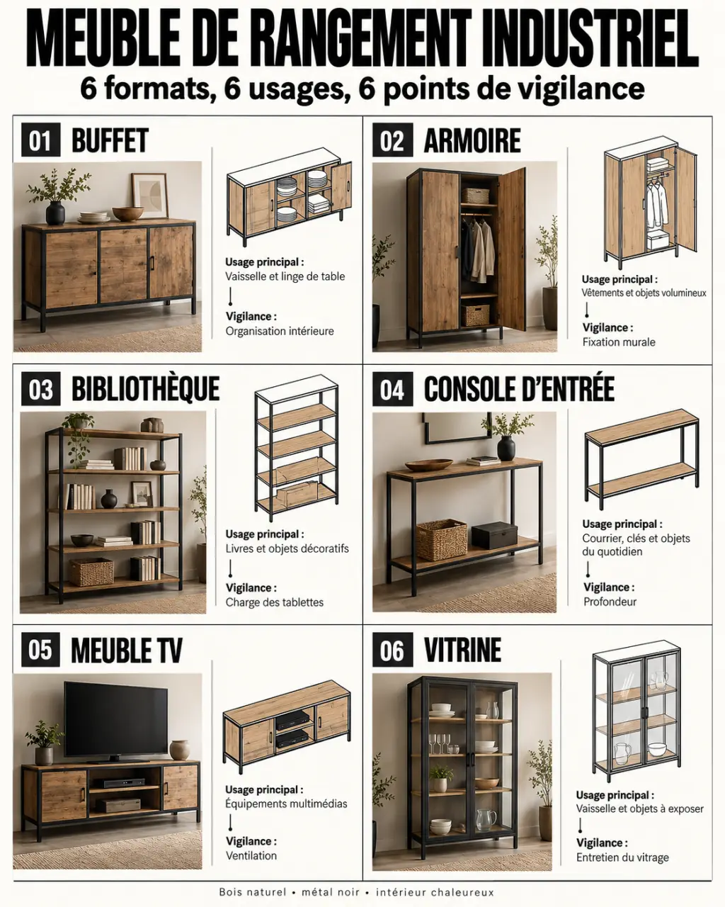Infographie sur le meuble de rangement industriel et les formats adaptés à chaque pièce