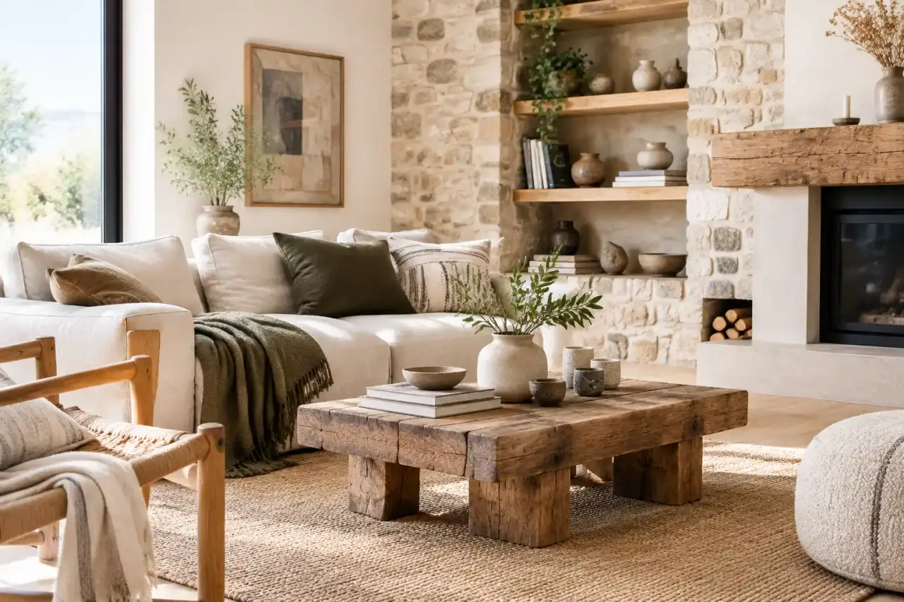 Salon lumineux associant bois naturel, pierre et textiles aux teintes douces