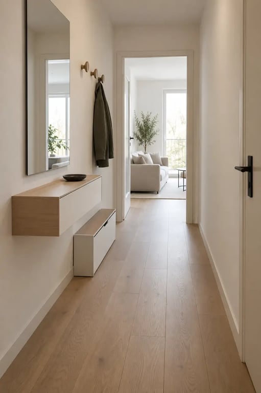 Meuble d'entrée design dans une entrée étroite avec console et rangement à chaussures