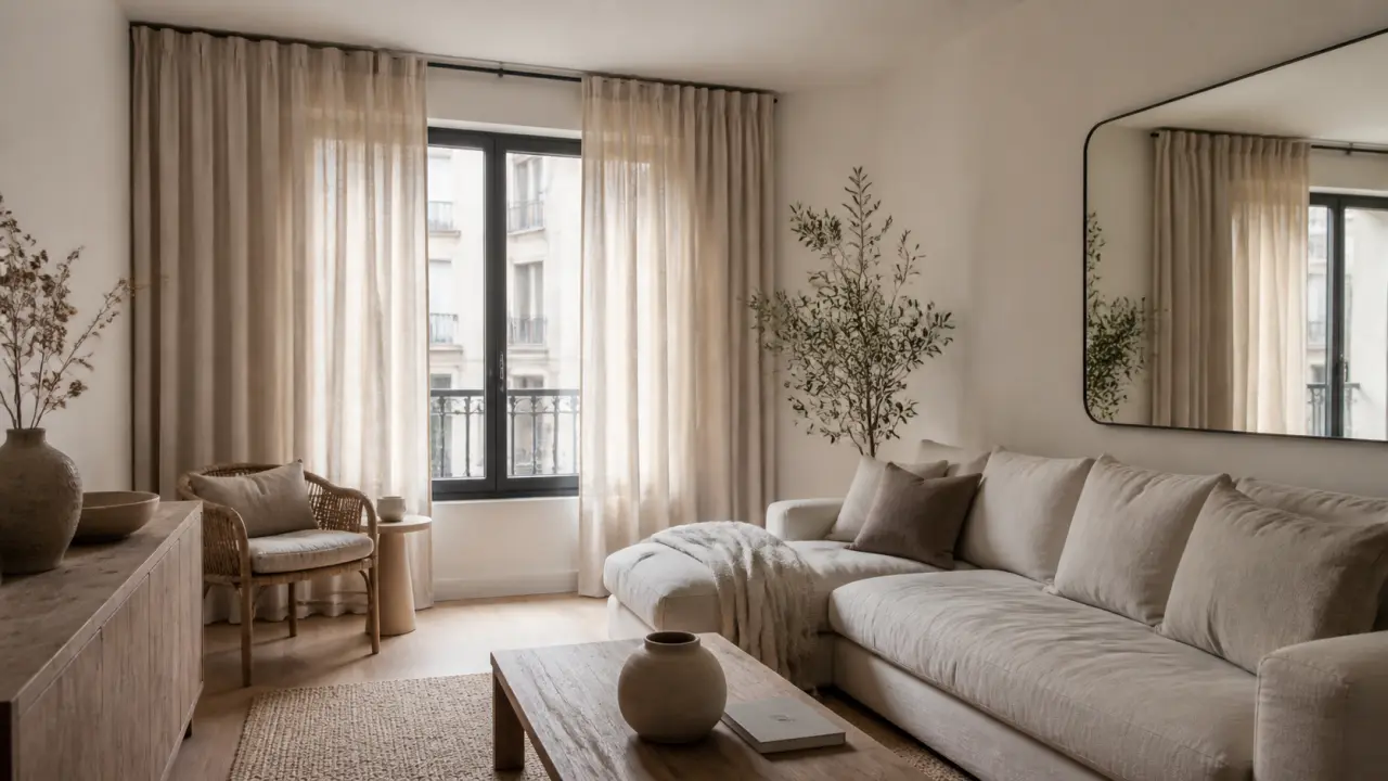Salon lumineux au style minimaliste et chaleureux, baigné de lumière naturelle