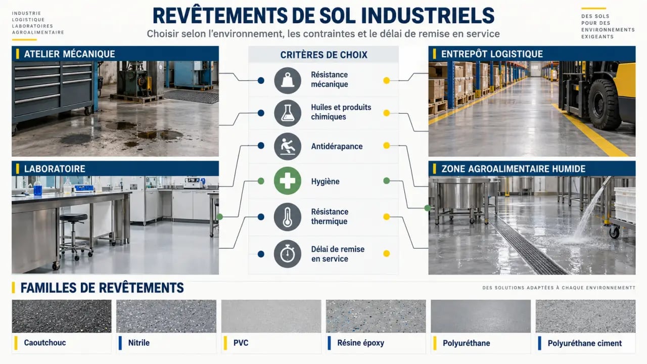 Infographie sur les familles de revêtement de sol industriel et leurs applications