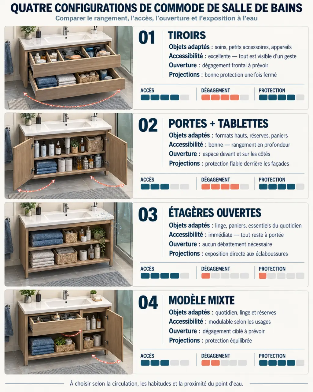 Infographie des configurations d’une commode pour salle de bains à tiroirs, portes, étagères ou rangement mixte