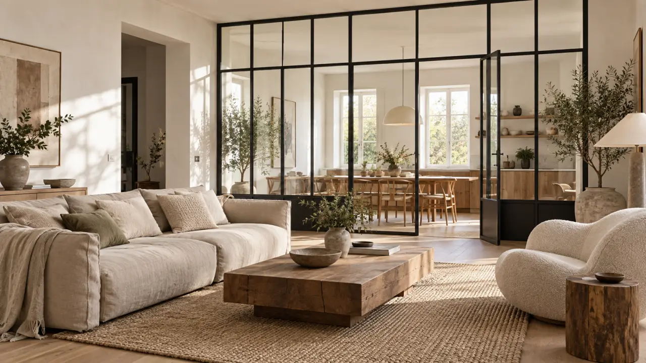 Salon sombre transformé par une cloison vitrée et une décoration aux matières naturelles