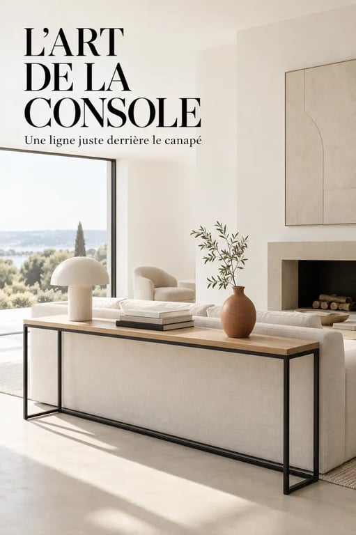 Console meuble design en bois et métal derrière un canapé dans un salon
