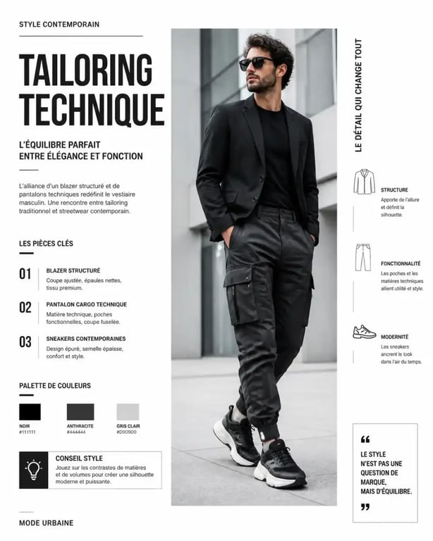 Mélange de style urbain entre tailoring classique et streetwear technique