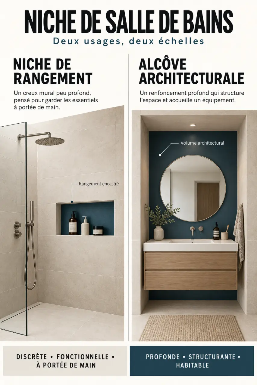 Niche dans salle de bains : différence entre rangement encastré et alcôve architecturale