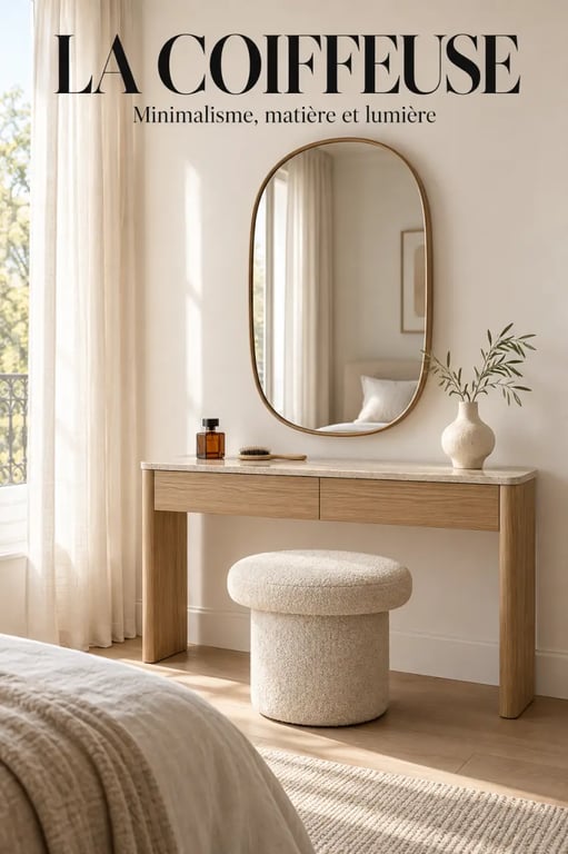 Console meuble design utilisée comme coiffeuse minimaliste dans une chambre