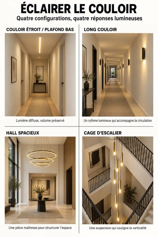 Infographie lustre couloir et alternatives selon la configuration de l’espace