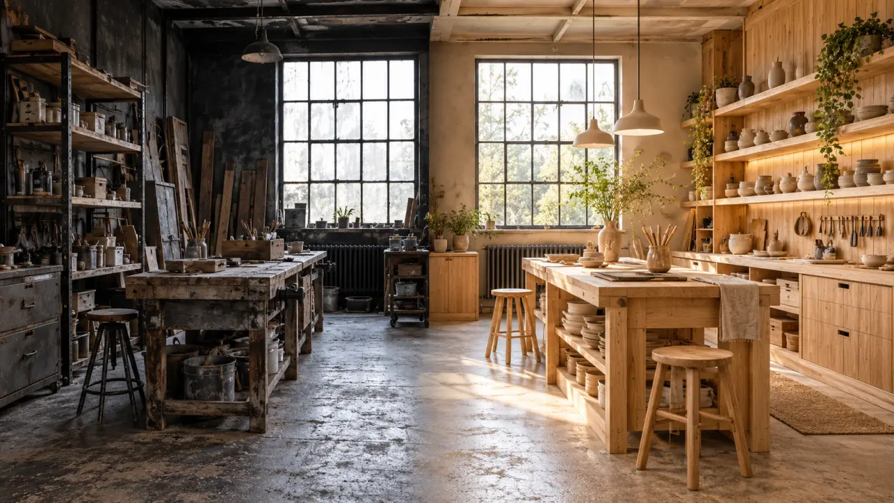 Atelier rénové avec du chêne clair, des murs lumineux et des matières naturelles