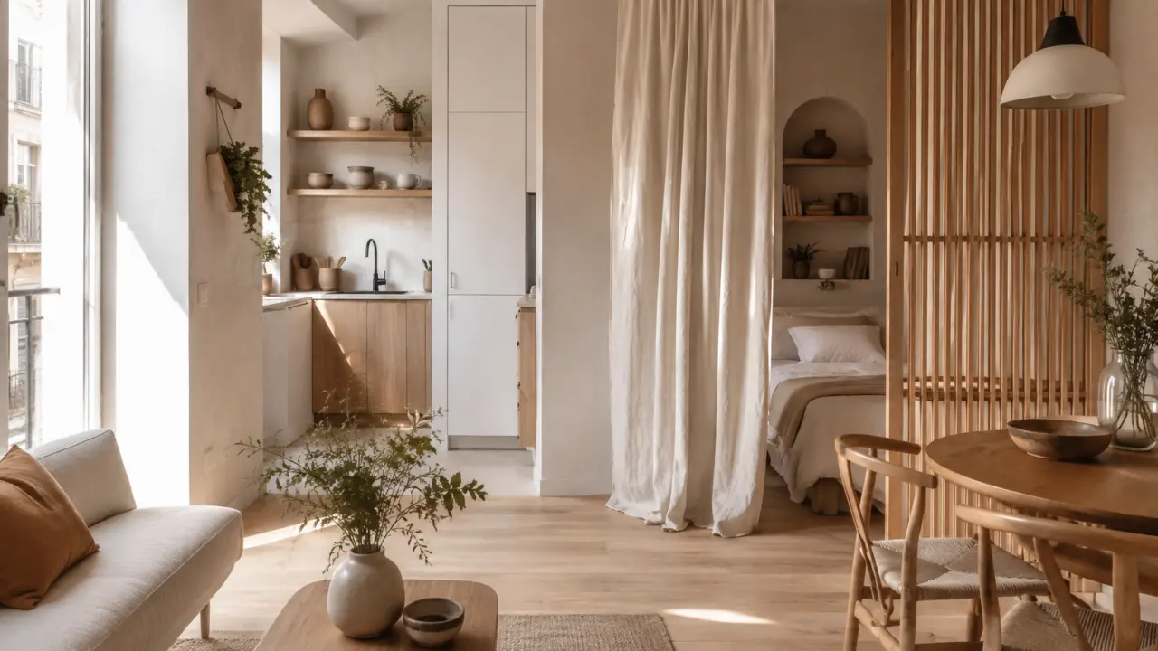 Petit studio lumineux rénové dans un esprit wabi-sabi, avec matières naturelles et ambiance chaleureuse