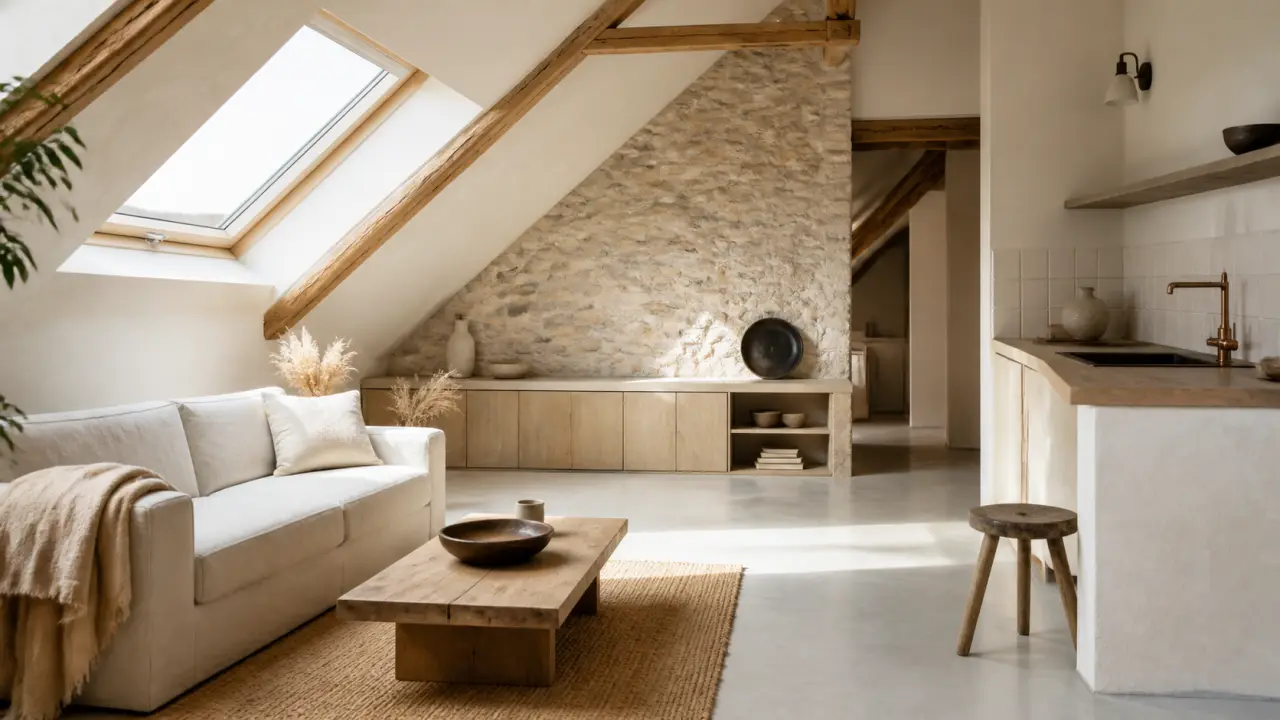 Studio sous combles lumineux au style minéral et chaleureux