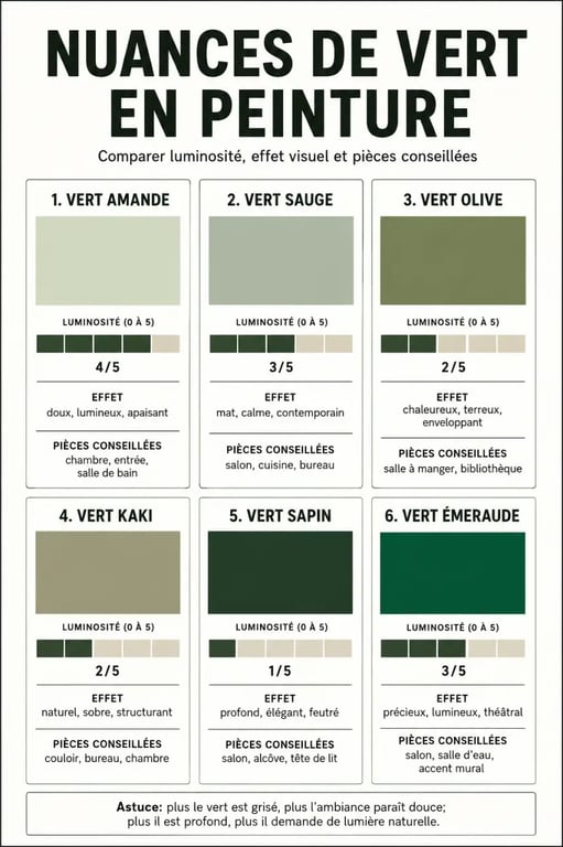 Nuance de vert peinture présentée en comparaison visuelle des principales teintes et de leurs usages décoratifs